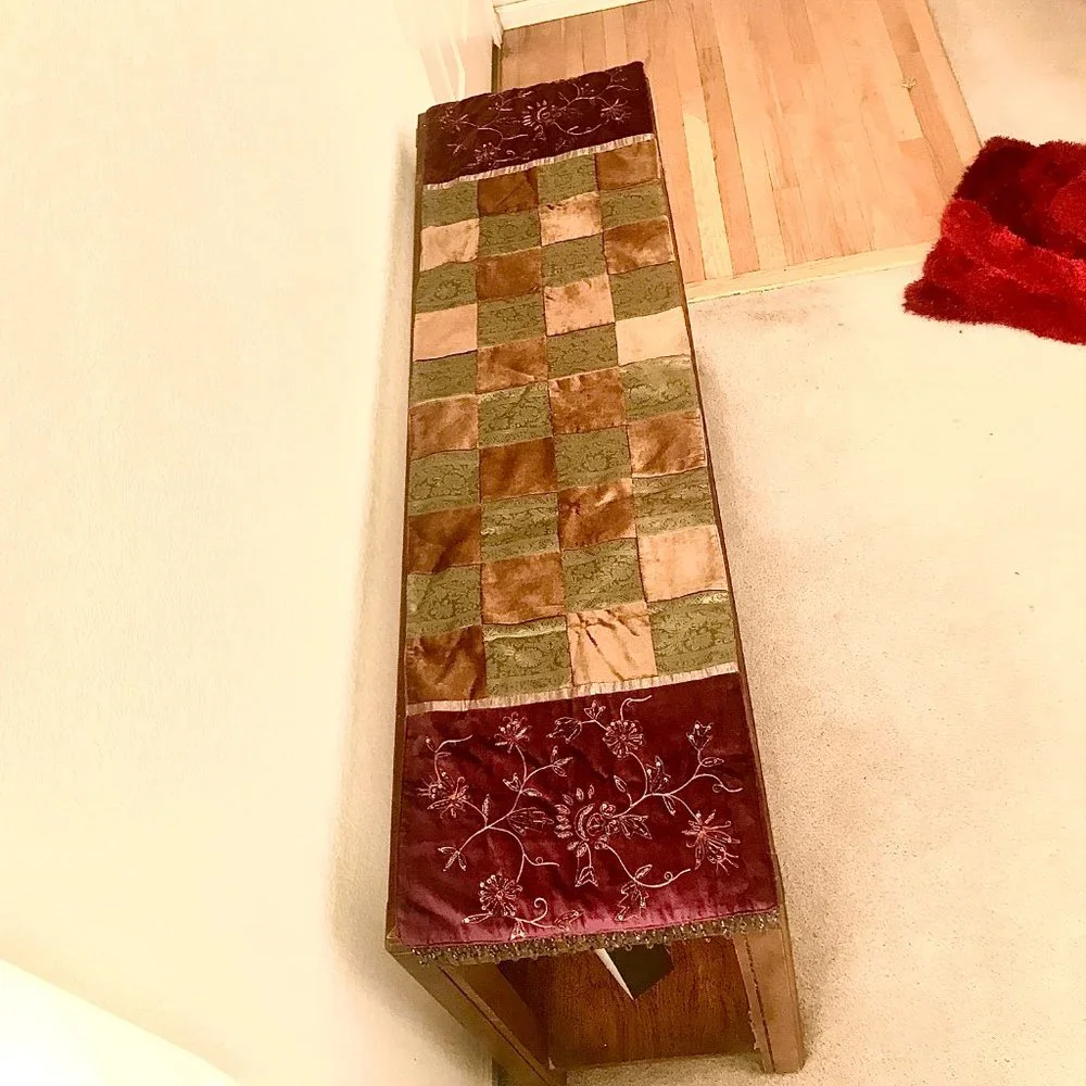 Z Gallerie Decorative Table Runner Velvet & Silk Patchwork w Beads 14